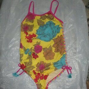 pink Chicken Floral Pink Breton Striped side cinch tie 1 piece Swim bathing suit